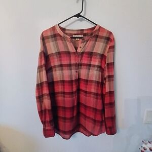 Ruff Hewn Plaid Henley Blouse Womens Medium Pink Red Cotton Shirt